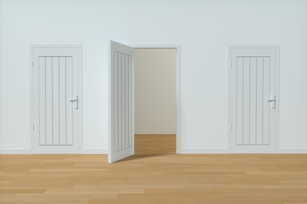 白い壁の背景 3 d レンダリングと木製のドア
