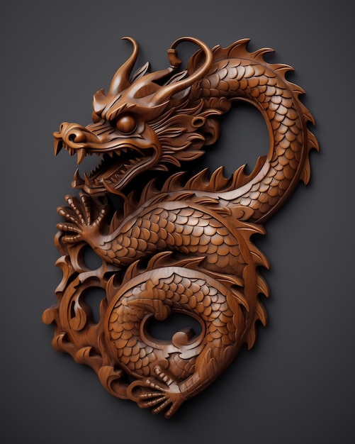 Premium AI Image  A wooden dragon carved in wood with a large eye and a  large eye.