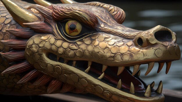 A wooden dragon head of dragon boat