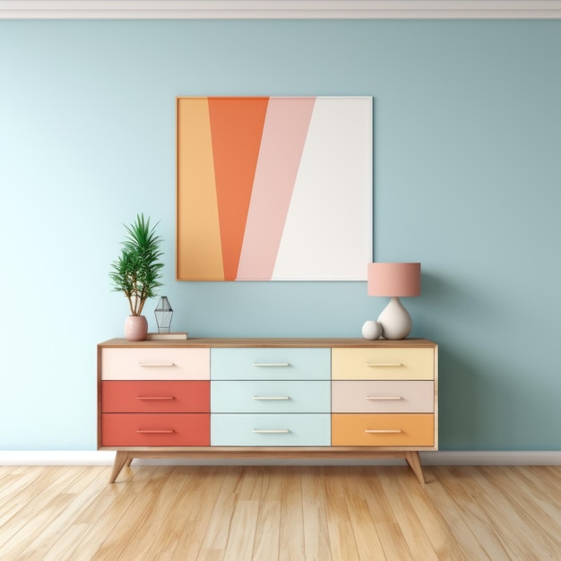 Wooden dresser over bright wall with patterns Modern design Scandinavian interior