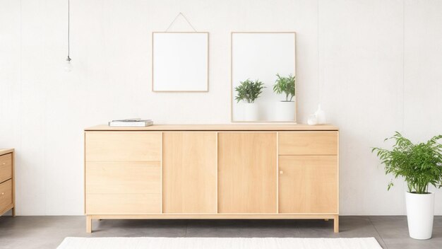 A wooden dressing table with a white wall