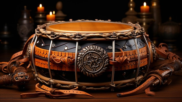 A wooden drum with a rope around it