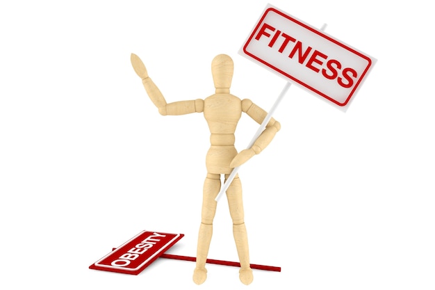 Manichino di legno con insegna fitness banner su sfondo bianco