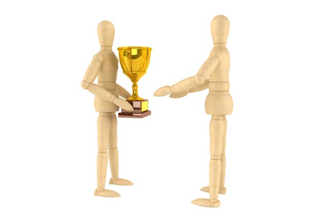 Photo wooden dummy with gold trophy on a white background