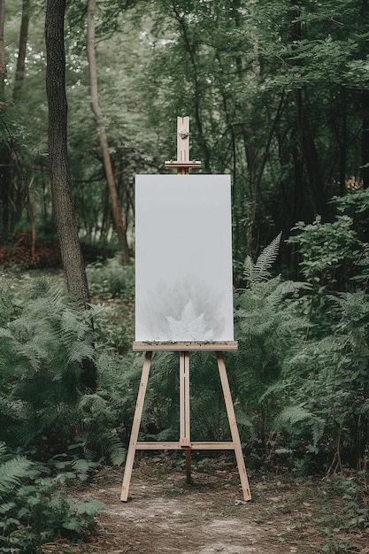 A wooden easel in a forest with a white canvas on it