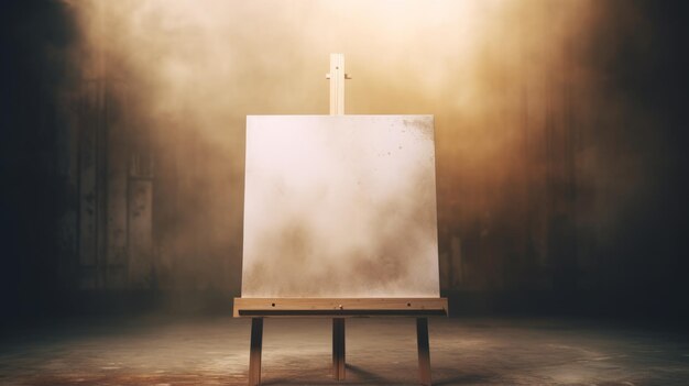 Wooden easel with blank canvas on beige background