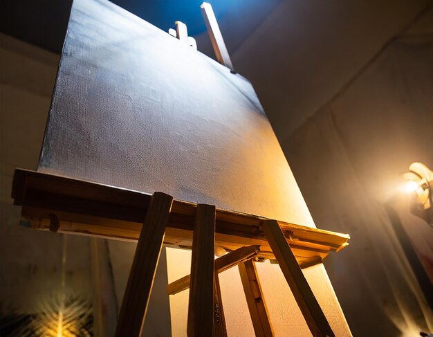 Wooden easel with blank canvas on the wooden floor of a room