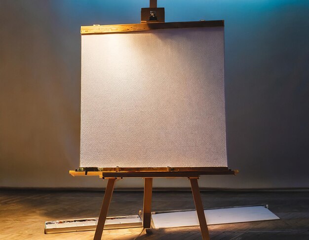 Wooden easel with blank canvas on the wooden floor of a room