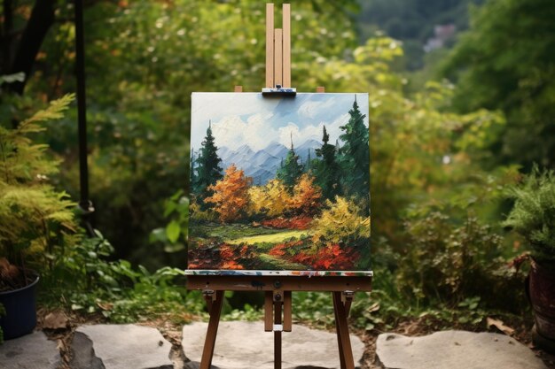 Photo a wooden easel with a landscape painting in progress