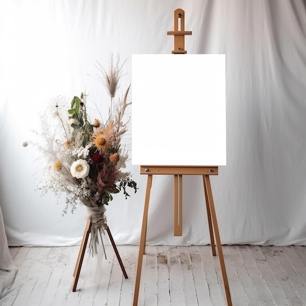 A wooden easel with a white canvas and flowers on it