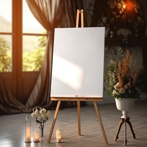 A wooden easel with a white canvas and flowers on it.