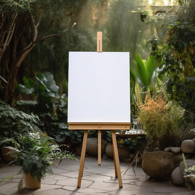 A wooden easel with a white canvas on it is in a garden.