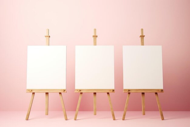 Wooden easels with blank canvas on pink background