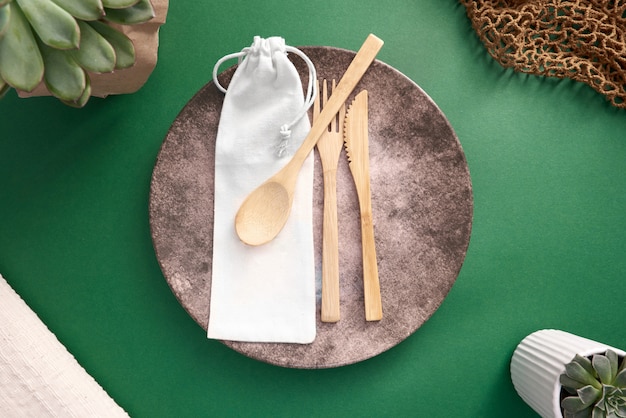 Wooden eating utensils with cloth bag case