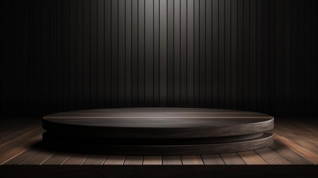 Wooden Ebony Abstract Minimalistic Product Podium. The Scene for Product Presentation. 3D Room with Geometric Platform Stage Pedestal. Ai Generated Podium Mockup for a Product advertisement.