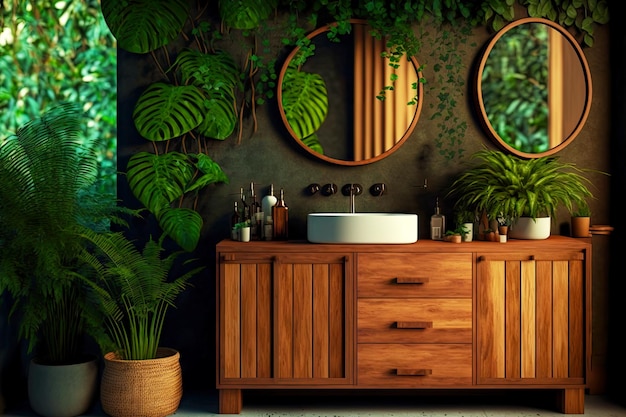 Деревянная экологически чистая мебель для ванной комнаты с зелеными растениями на фоне пышной природы