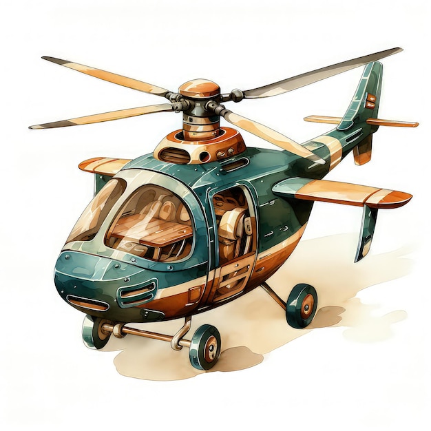 Wooden Eco Toy Helicopter Watercolor Illustration Clipart