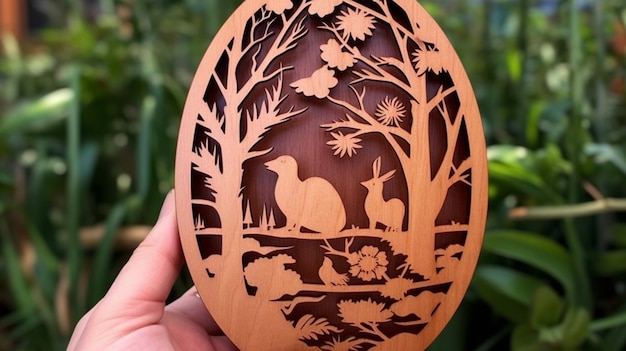 A wooden egg with a bird and two rabbits on it.