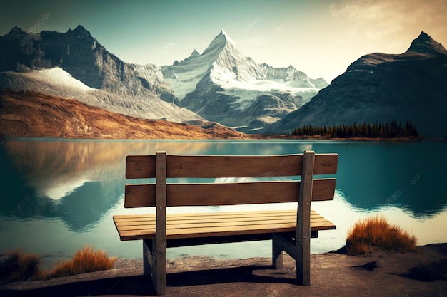 Wooden empty bench in mountain against backdrop of beaful natural landscape with clean mountain lake