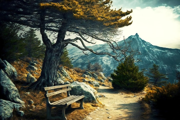 木の下のパスに立っている山の木製の空のベンチ