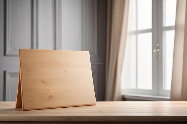 Wooden empty board in front of blurred curtained window background