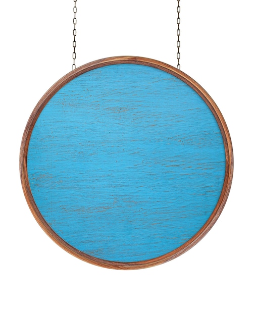 Wooden empty dirty sign hanging on iron chains Round frame with blue wooden