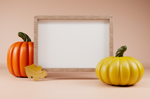 Wooden empty frame yellow and orange pumpkins with oak leave Happy Thahksgiving template 3d render