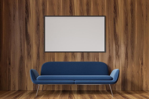 Wooden empty room interior with a dark blue sofa standing on a woden floor. A poster. 3d rendering, mock up