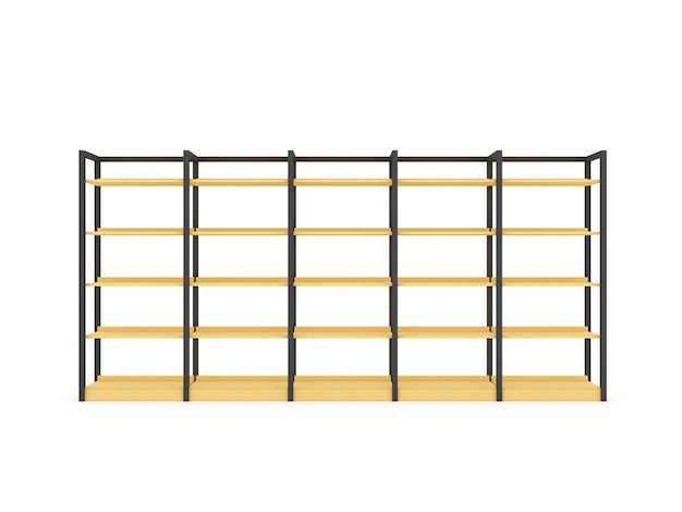 白い背景の3Dレンダリングの店のための木製の空の棚棚