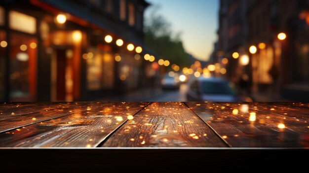 Wooden empty table in front blurred cafe background AI Generative