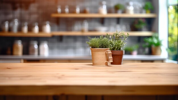 wooden empty table for mock up against blurred kitchen background with bokeh