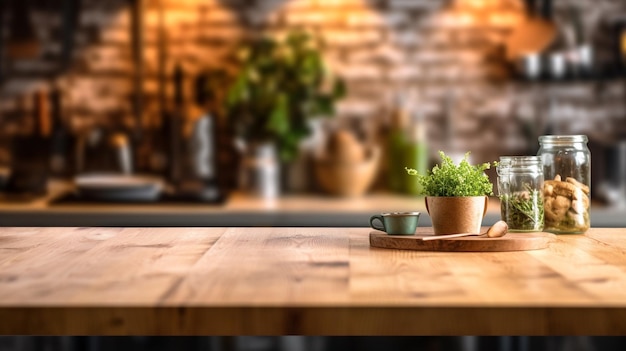 wooden empty table for mock up against blurred kitchen background with bokeh