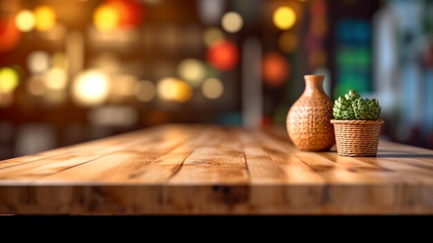 ボケ味のあるぼやけたキッチン背景に対してモックアップ用の木製の空のテーブル