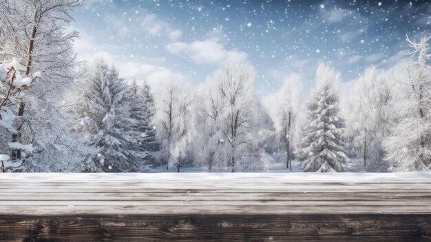 Photo wooden empty table top on blurred background of winter and christmas trees