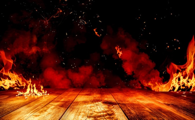 Wooden empty table top with fire flames on dark background fire flames on dark background to display Grilled and barbecued foods product