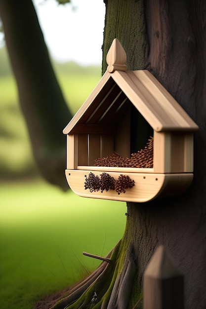 木の上の鳥のための木製の餌箱