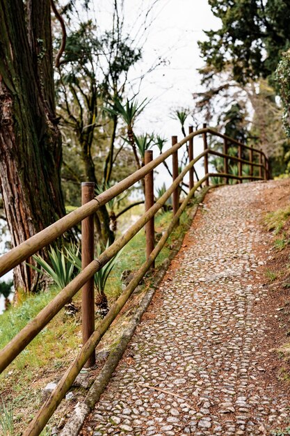 Staccionata in legno lungo il sentiero acciottolato nel giardino villa monastero italia