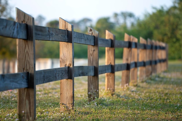 Wooden fence barrier at farm grounds for cattle and territory protection