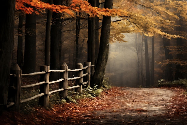 wooden fence leading into an autumn forest