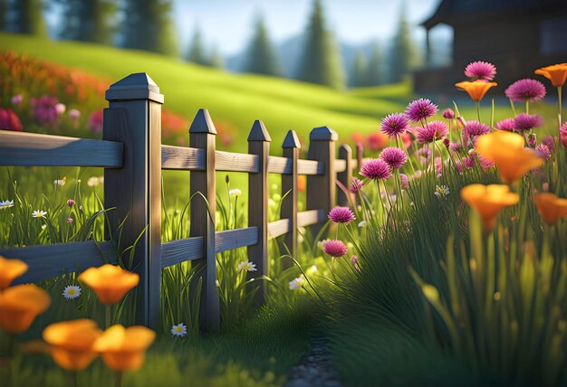 Wooden fence near the house grass near the fence and flowers