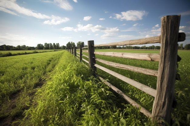 Foto una recinzione di legno che circonda un campo di colture verdi