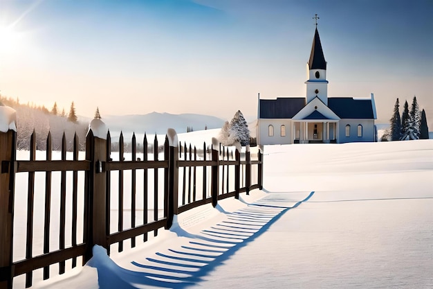 A wooden fence with a church in the background.