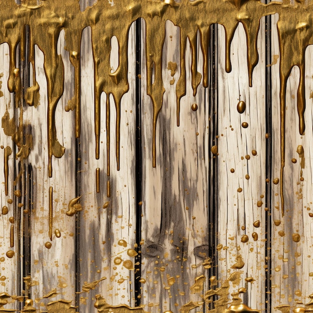 A wooden fence with dripping paint on it that has the word gold on it.