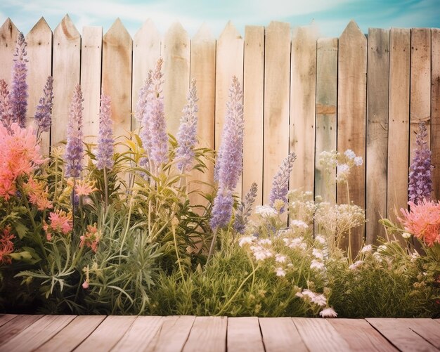 A wooden fence with a garden in the background