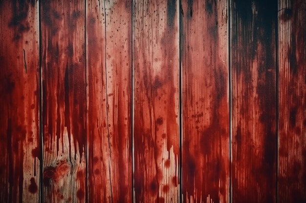 A wooden fence with red paint that has been stained.