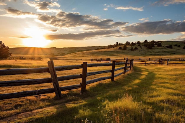 Photo a wooden fence with a sunset in the background