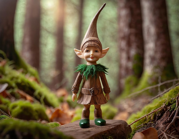 a wooden figure of an elf standing in the woods