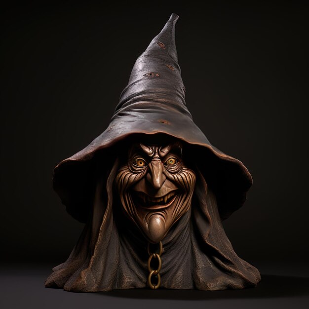 a wooden figure of a witch with a black hat on it