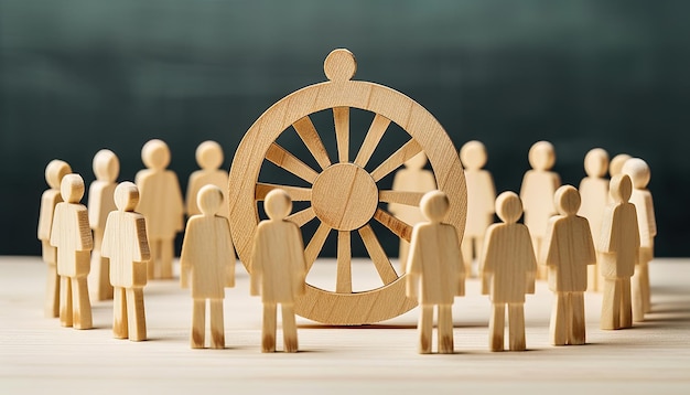 Wooden figures stand in front of a wheel that says'the wheel '