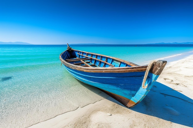 Wooden Fishing Boat on Beach Paradise with Blue Ocean Seascape